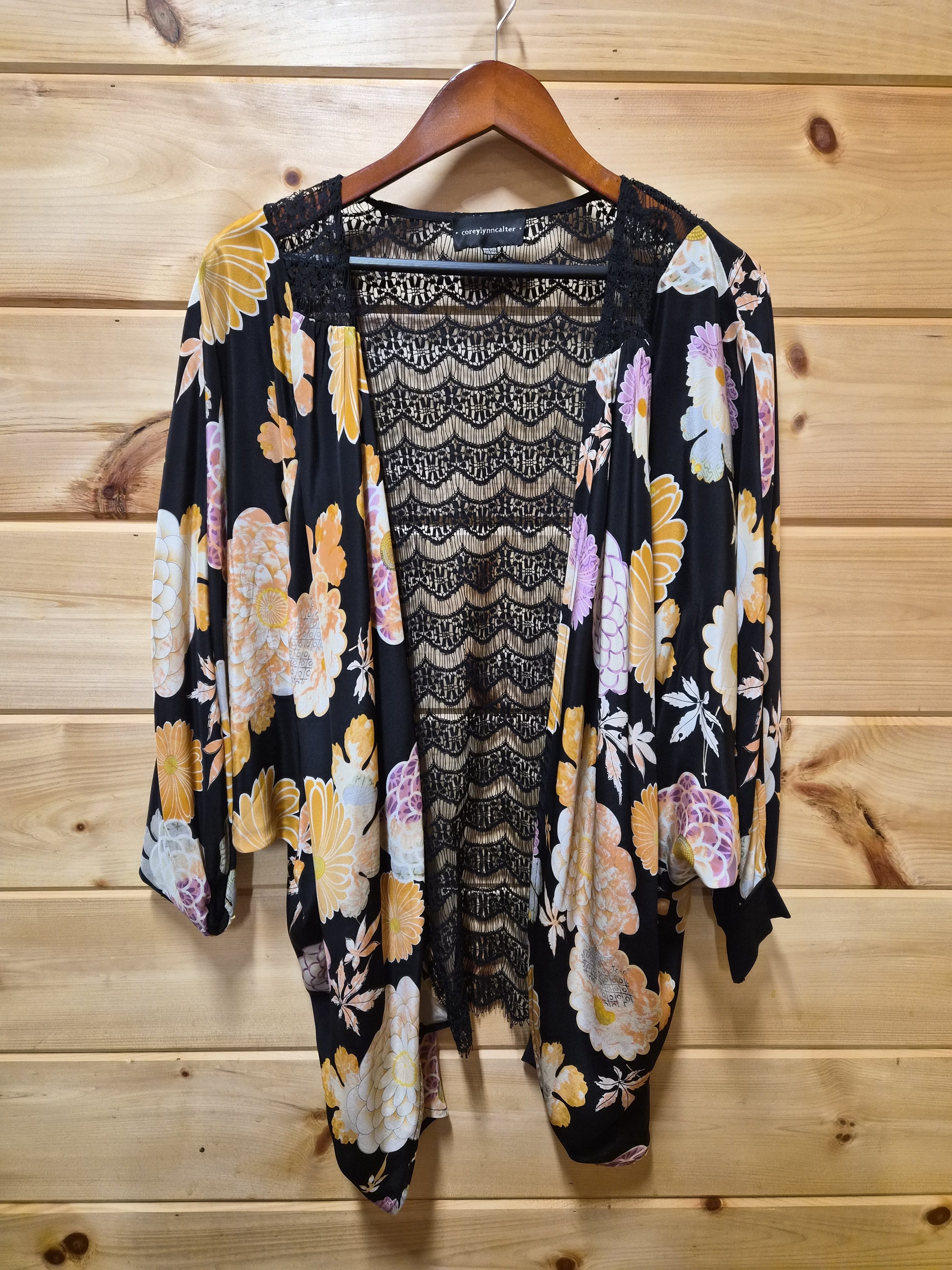 Corey Lynn Calter Black Floral And Lace Kimono